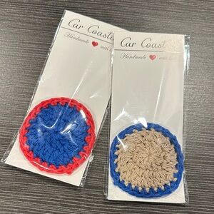 Handcrafted Crocheted Car Coasters - Red and Blue, and Tan and Blue